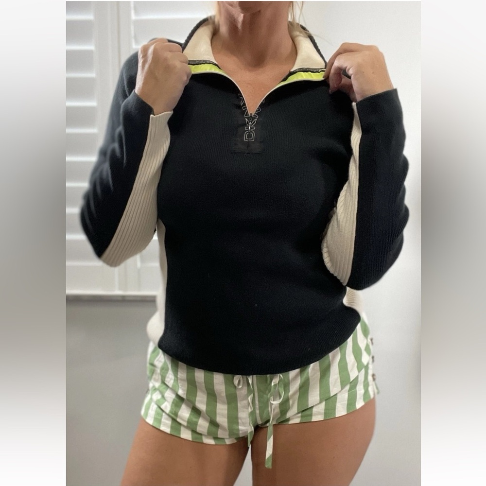 90s DKNY active fitted‎ 2 tone quarter zip pullover sweater black ivory Ribbed M